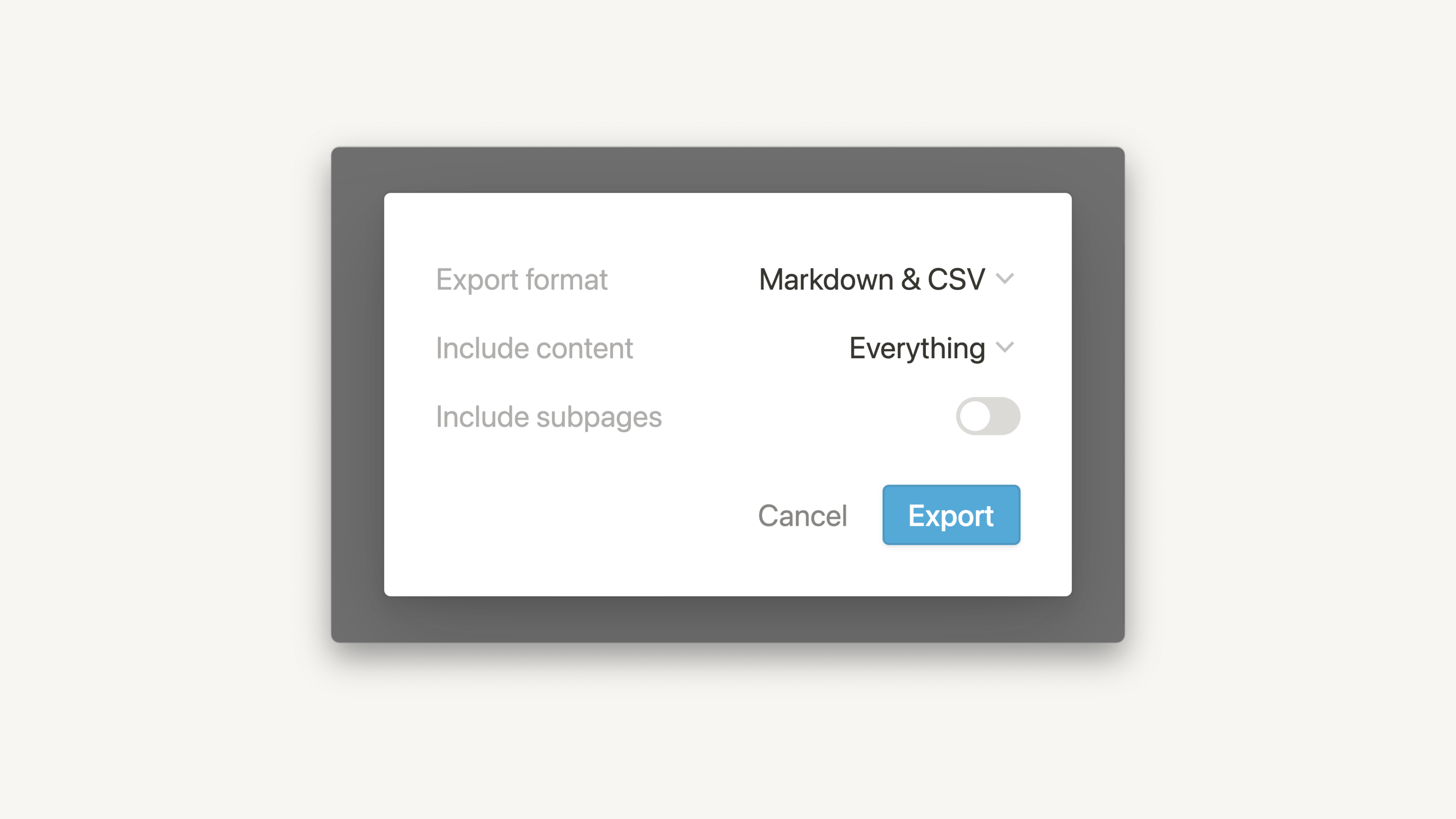 FiDatabase export dialog: select Markdown & CSV to export tables.