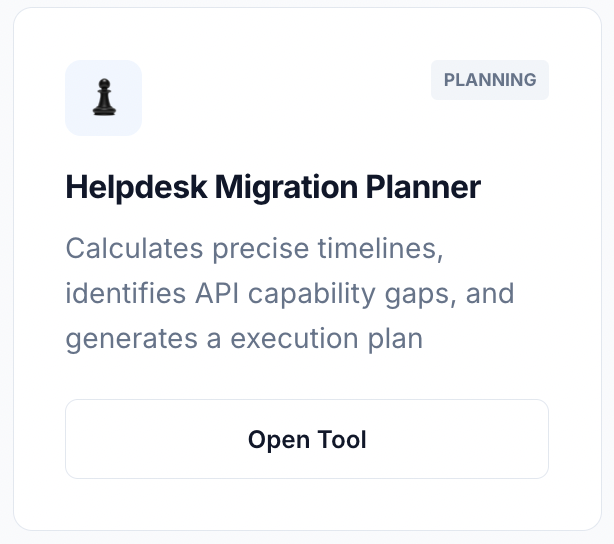 Helpdesk Migration Planner tool interface showing timeline calculation and API gap analysis